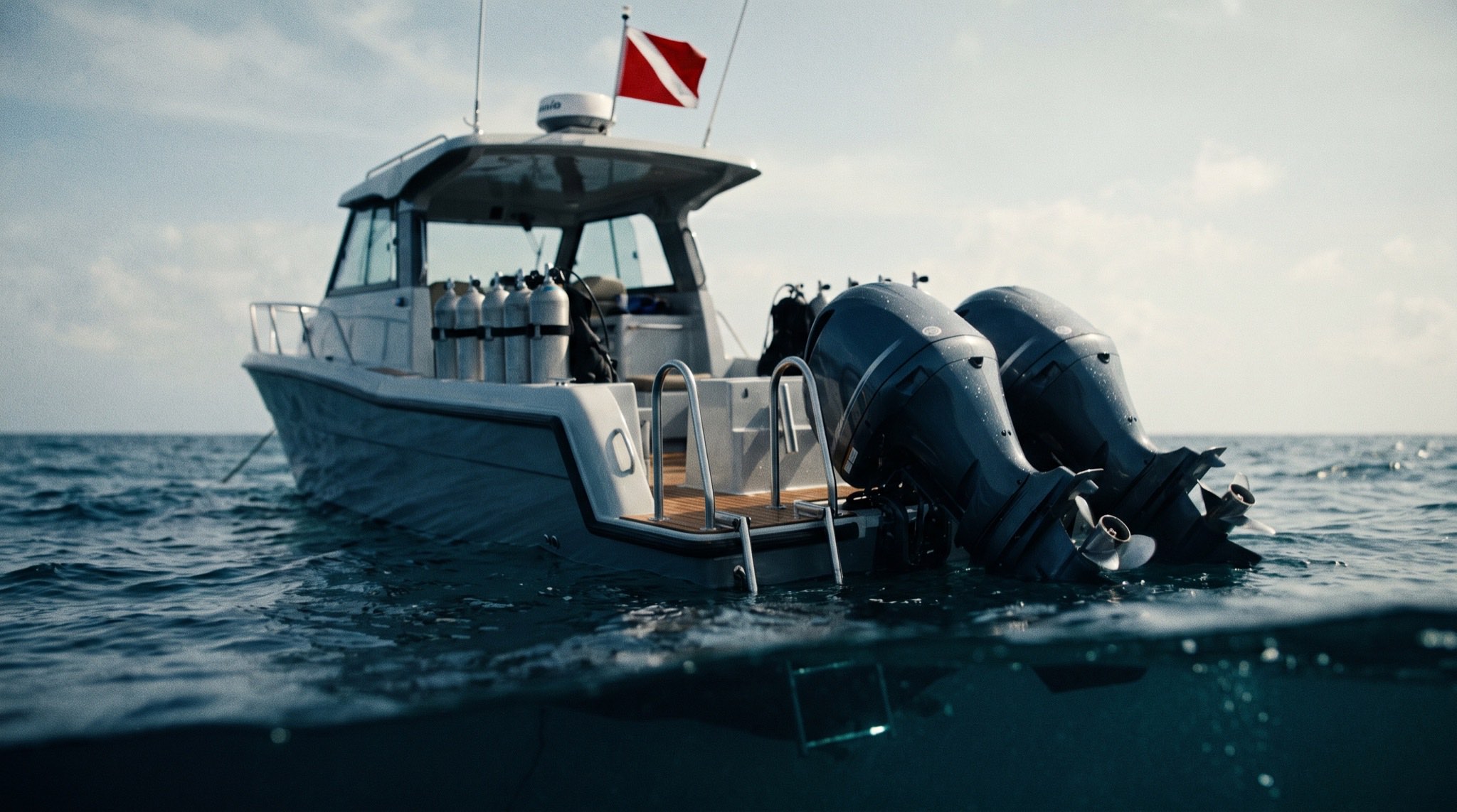 A dive boat flying the diver-down flag on open sea, seen from the waterline